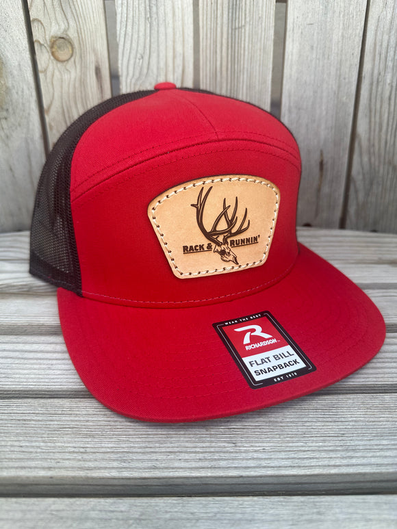 Jax Red and Black- 7 panel leather patch hat