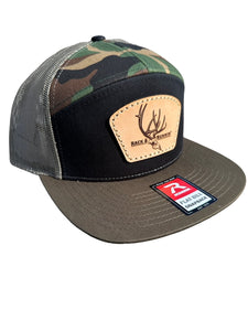 Jax Black/Camo and Loden- 7 panel leather patch hat